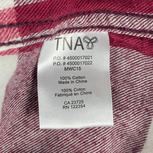 Aritzia TNA Hooded Shirt Boyfriend Fit Flannel Plaid‎ Button Up Red White - Picture 14 of 15